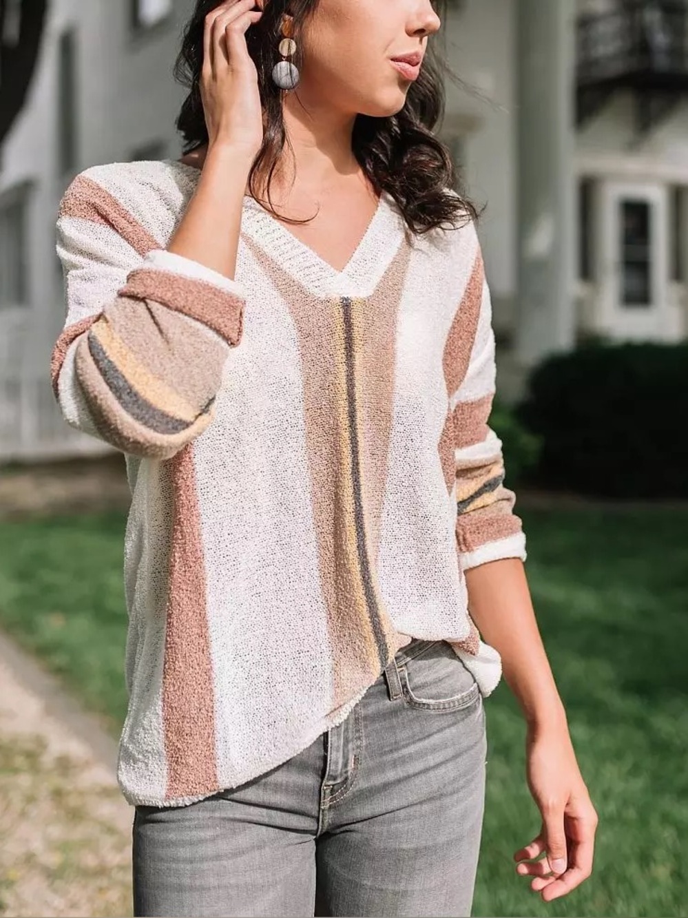 Stylish V-Neck Sweater with Stripes